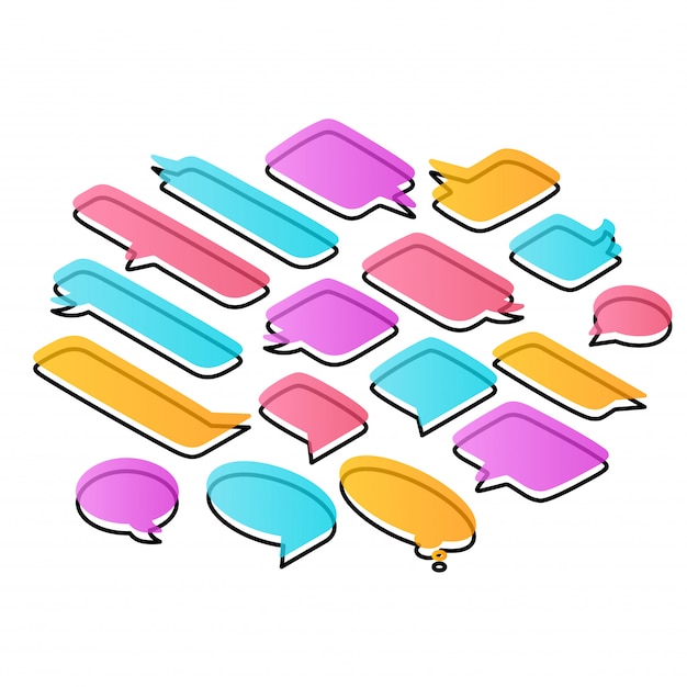 Vector set of speech colorful bubbles of various shapes, isolated on white. isometric