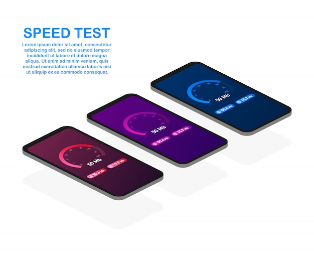 Imposta il test di velocità su smartphone. tachimetro internet velocità 50 mb. tempo di caricamento della velocità del sito web. .