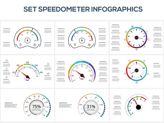 Set speedometer with 4 5 6 7 8 9 elements infographic template for web business presentations vector illustration Business data visualization