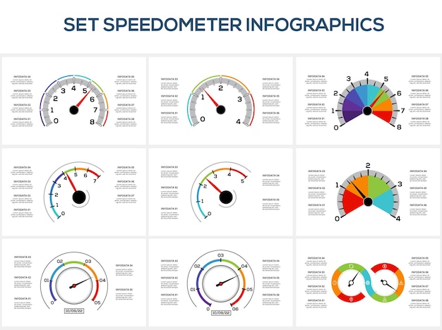 Web ビジネス プレゼンテーションのベクトル図の 5 6 7 8 要素インフォ グラフィック テンプレートでスピード メーターを設定します。ビジネス データの可視化