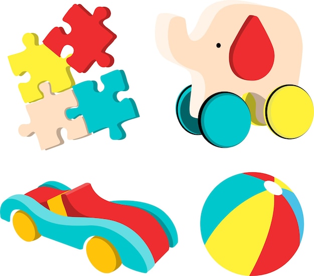 Set speelgoed puzzel, olifant, auto, bal met leuke kleur geïsoleerde vectorillustratie