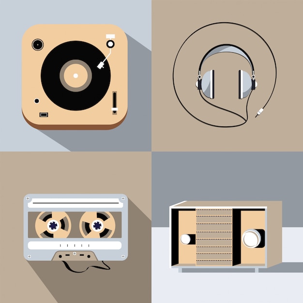 Vector set speler voor vinylplaat, radio, koptelefoon, retro audiobandcassette. platte ontwerp illustratie.