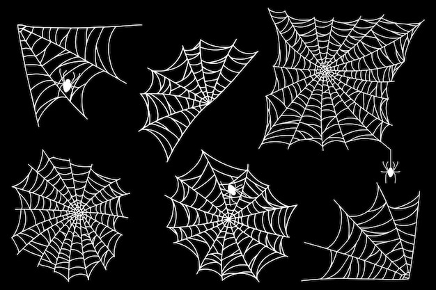 Set spider web isolated on black background. spooky halloween cobwebs with spiders.