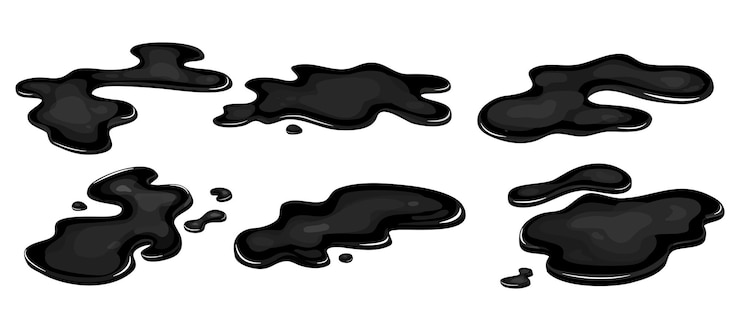 Вектор набор разливов черной нефтяной лужи промышленности пятна чернила капли бензина жидкой формы вектор картон