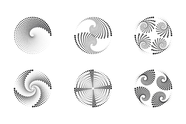 Set spiralen ontwerpelementen gestippelde abstracte patronen spiraal swirl draaipunten vortex