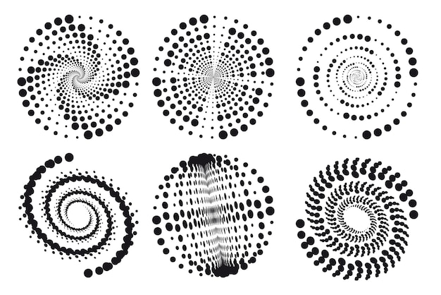 Set of spirals Design elements dotted abstract patterns Swirl twist points vortex halftones