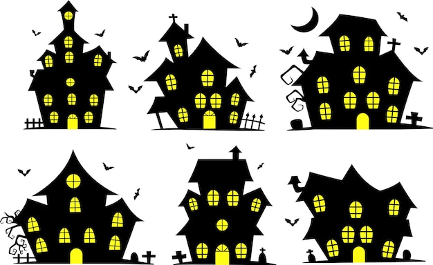 Vector set of spooky halloween house silhouette illustrations