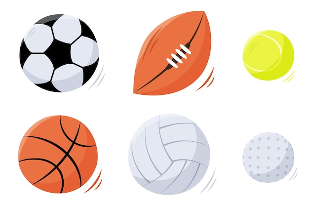 Set di palle sportive a mano in stile disegno isolato su bianco calcio calcio rugby basket pallavolo