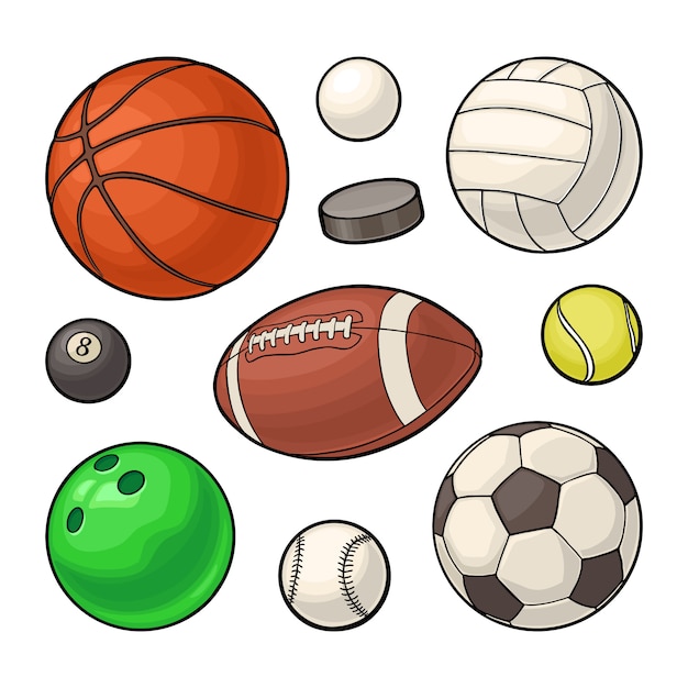 Установить спортивные мячи иконки. векторные цветные рисунки. изолированные на белом