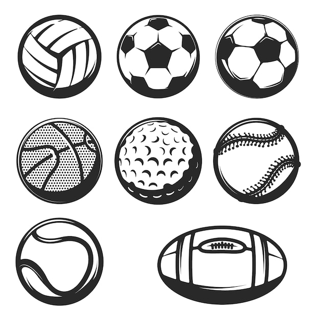 白い背景の上のスポーツボールアイコンのセットです。ロゴ、ラベル、エンブレム、記号、ブランドマークの要素。