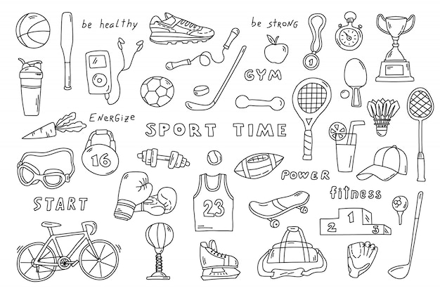 Insieme di elementi sportivi in stile doodle bianco e nero.