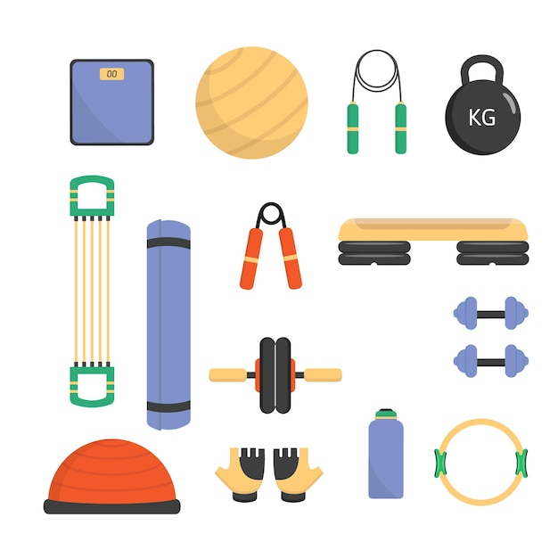 Vettore set di accessori per il fitness per attrezzature sportive per palestra icone dello sport