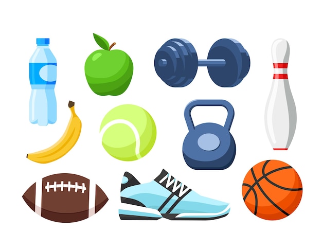 Set of sport equipment. Healthy lifestyle icons in flat style. Healthy food. Fruits.