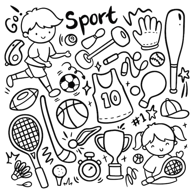 Set di attrezzature sportive in kawaii doodle style illustrazione vettoriale