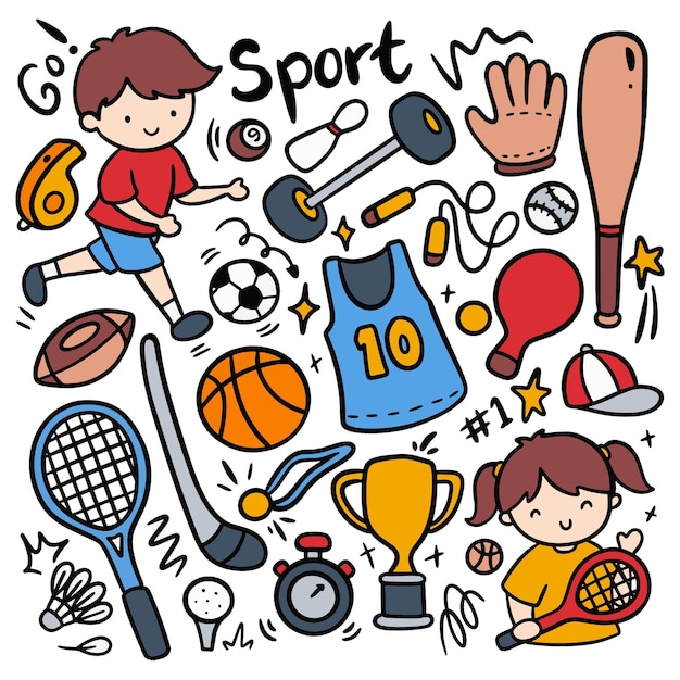 Vector set of sport equipment in kawaii doodle style vector illustration