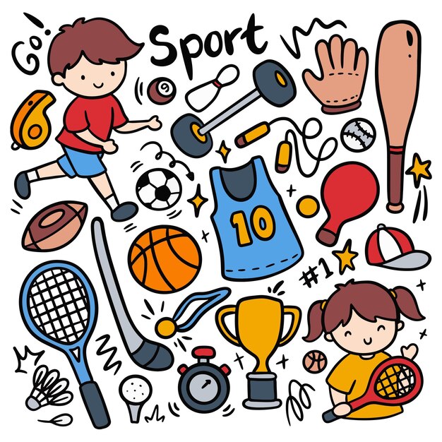 Vector set of sport equipment in kawaii doodle style vector illustration