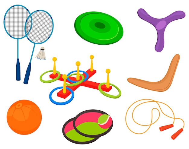 Vettore set di attrezzatura sportiva per i giochi estivi. raccolta di articoli per una vacanza attiva.