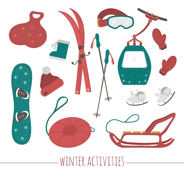 Set of sport equipment for winter sport activities.\
illustration of skis, tube, sledge, skates, snowboard,\
clothes.