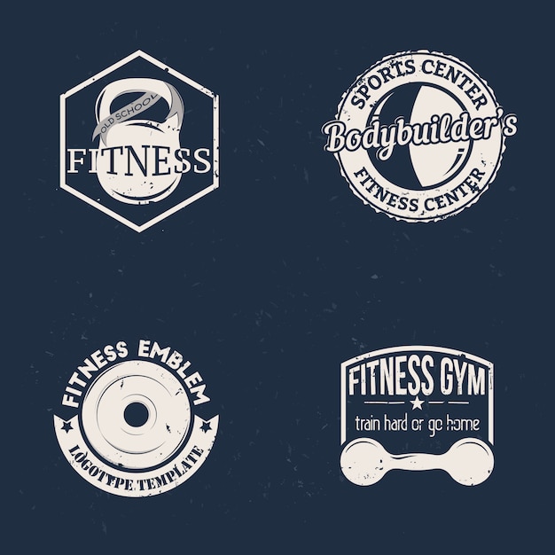 set of sport fitness badge in vintage style with kettlebell, barbell and dumbbell.
