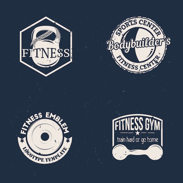 Vector set of sport fitness badge in vintage style with kettlebell, barbell and dumbbell.