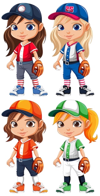 Vector set of sport girl cartoon character baseball