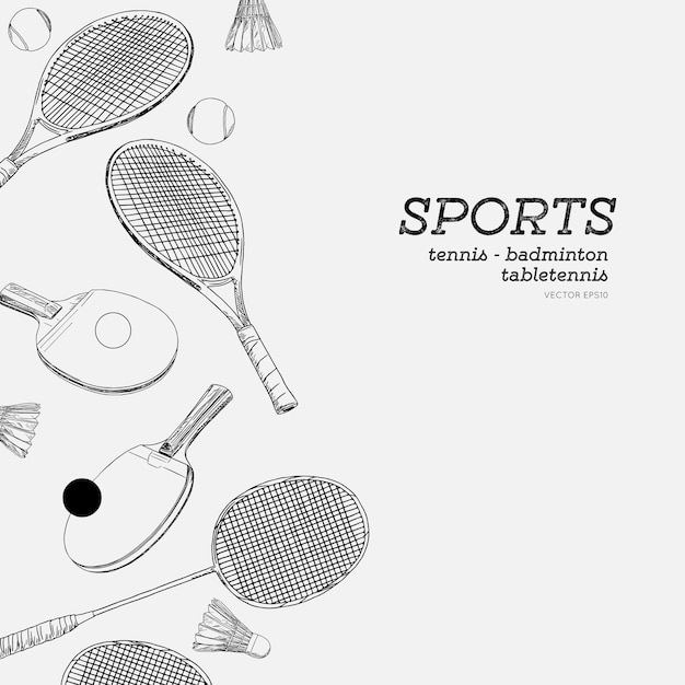 Set sport hand tekenen schets vector. badminton, tennis en tafeltennis, sport vector