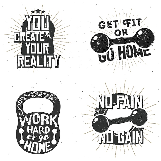 Set sport logo's, sportschool labels, inspirerende en motiverende typografie badges