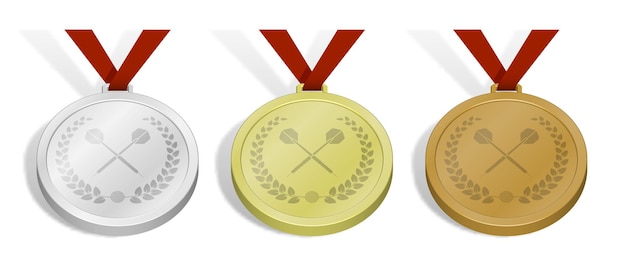 set sportmedaljes met embleem van gekruiste sport dart pijl met laurierkrans voor dartwedstrijden