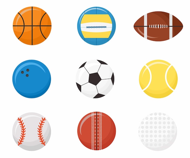 Set di palline sportive icone di stile piatto pallavolo basket calcio cricket football americano bowling baseball tennis golf illustrazione sportiva vettoriale isolata su sfondo bianco