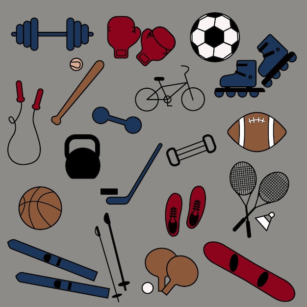 a set of sports equipment on a blue background healthy lifestyle cartoon vector illustration
