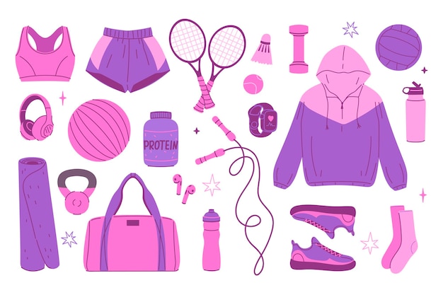 Vector a set of sports equipment and elements in pink and purple colors vector graphics