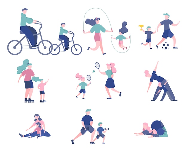 Set of sports people with their children. Parents doing different kind of sport - play foottball, doing yoga, skating. Gymnastics and workout.  illustration