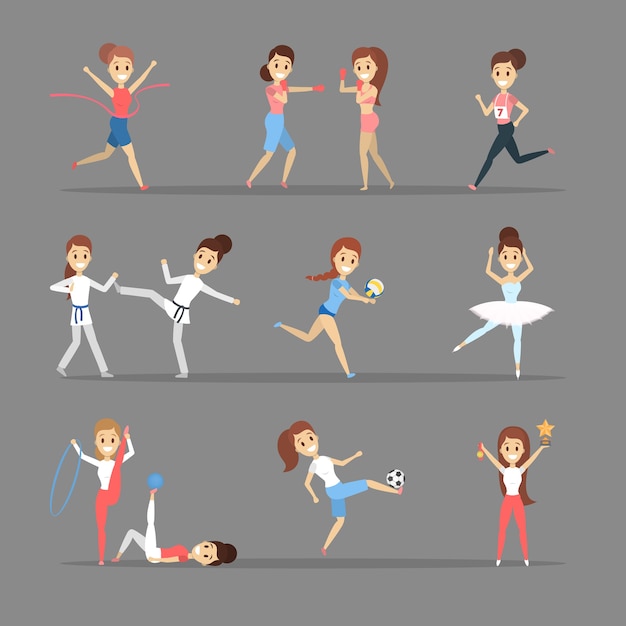 Set of sportsmen. people doing different kind of sport: play basketball, boxing, running and winning the competition. gymnastics and ballet. flat vector illustration