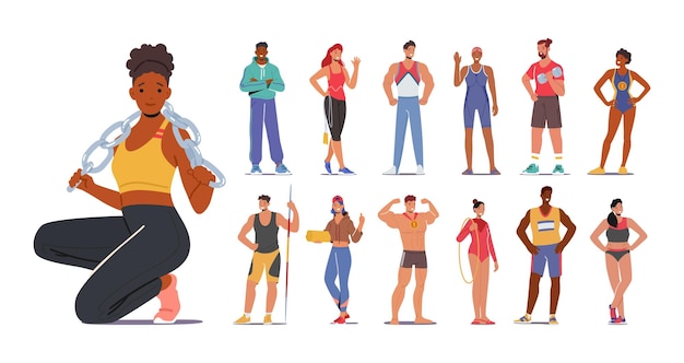 Vector set of sportsmen and sportswomen male and female characters wear uniform posing perform trophies and medals