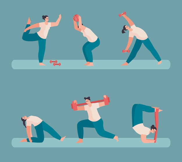Set of sporty woman doing different exercise with sport equipment