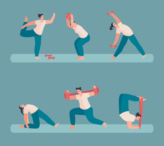 Vector set of sporty woman doing different exercise with sport equipment