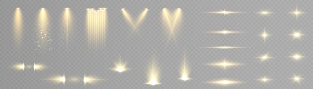Set of spotlights and lighting effects isolated on transparent background. Solar glow with rays and