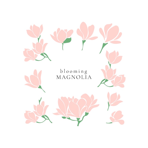 Vector set of spring blooming magnolia twigs vector flat illustration