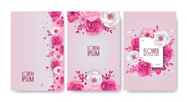 Set di design festivo fiori di primavera, decorazioni, carta stile banner tagliato con fiore, farfalla.