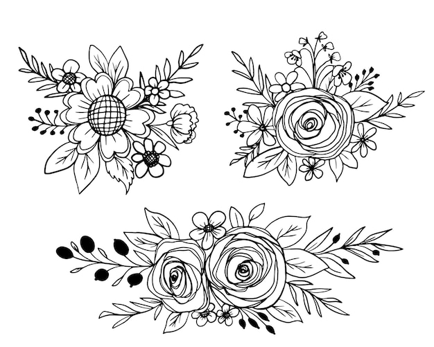 Set of spring flower and leaves line art collection