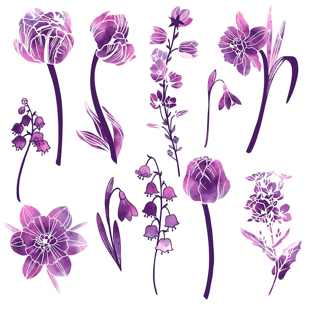 Set of spring flowers with purple abstract texture