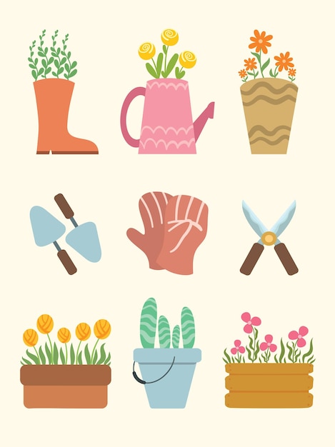 Set of spring gardening elements with cute floral flat design