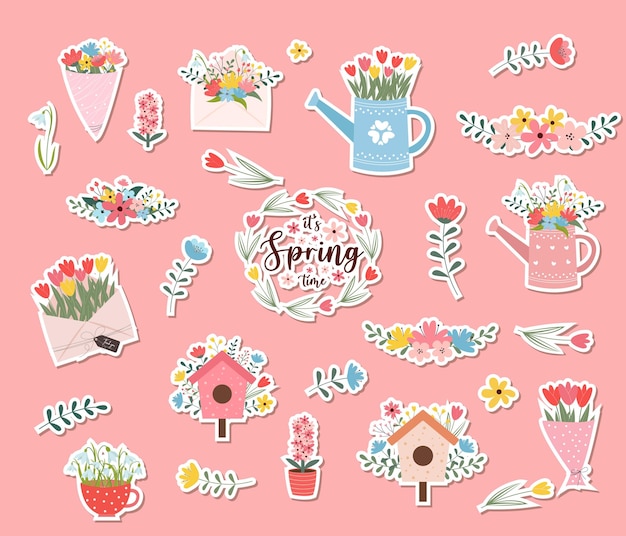 Vector set of spring hand drawn elements floral decor flowers branches bouquets watering can teapot