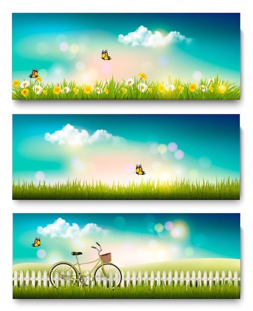 Vector set of spring nature landscape banners with flowers and butterflies. .