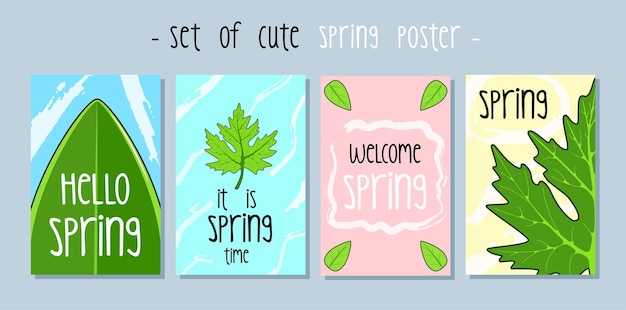 Set of spring posters with colorful green leaves