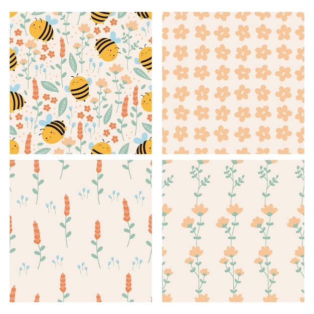 Vector set of spring seamless pattern. funny kawaii bees with doodle flowers. pastel colors.