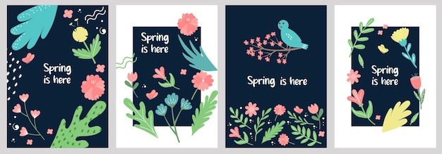 Set of spring summer postcard templates in trendy style vector illustration in collage design