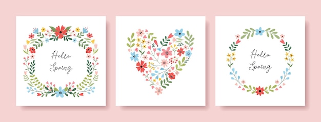 Set of spring vector backgrounds greeting cards with beautiful flowers floral frame wreath hearts