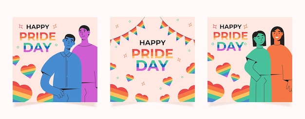 Set of square backgrounds for Pride Day Couple of LGBT men hugging Couple of lgbt women