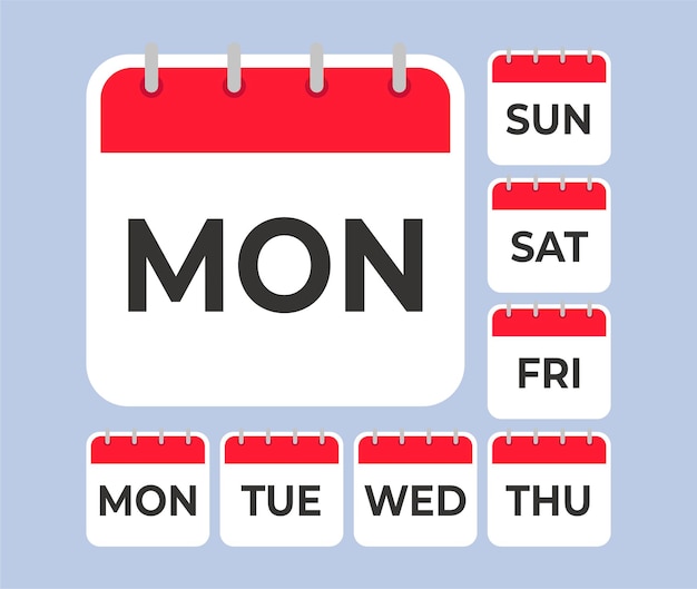 Set of square calendar page icons for days of the week